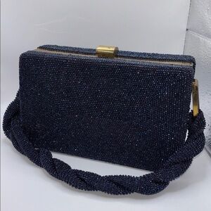 Du Bonnette Vintage 40s-50s Iridescent Blue Beaded Box Purse with Coiled Handle
